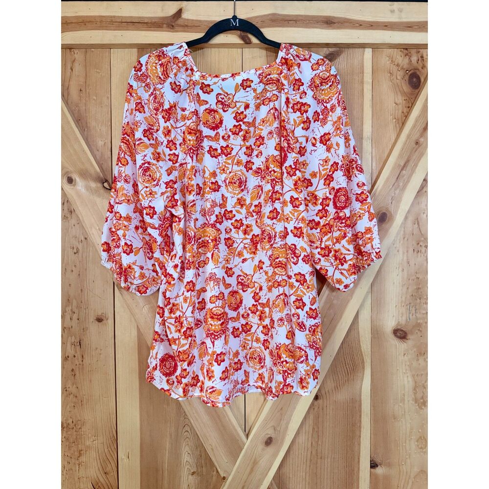 Faded Glory Y2K Orange Red Floral Peasant Blouse 1X 2000s Boho Cottagecore Top